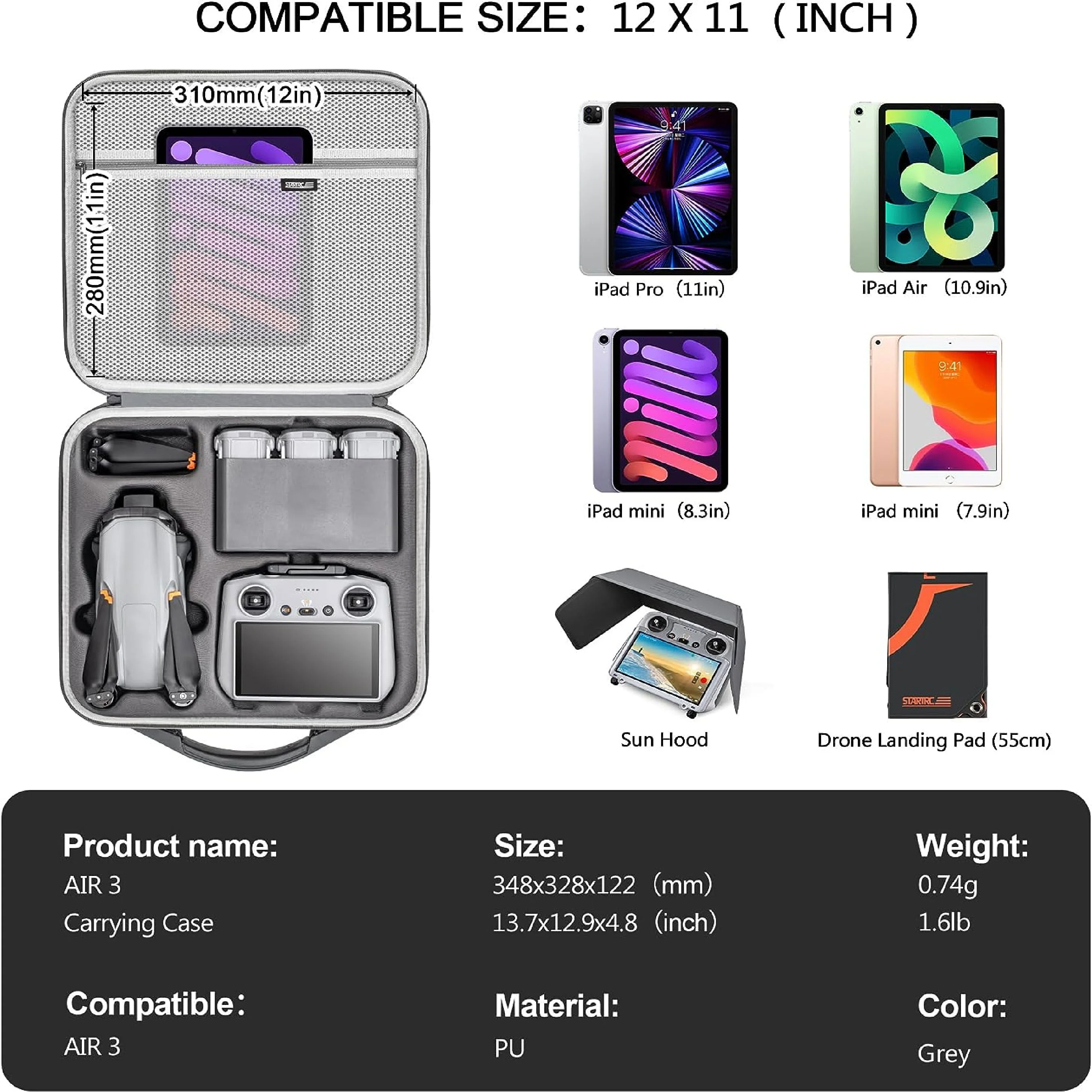 STARTRC PU Carrying bag for DJI Air 3 compatible DJI RC-N2/DJI RC 2(Fly more combo) - Image 3